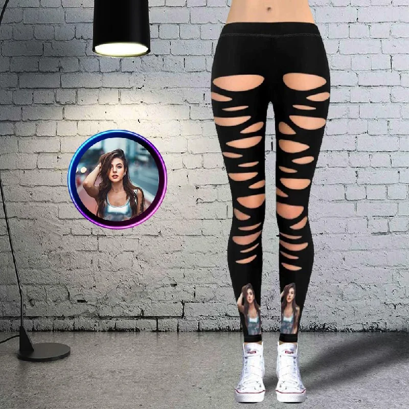 Trendy Outfits For Girls Custom Photo Broken Hole Style Low Rise Yoga Leggings Custom Printed Leggings