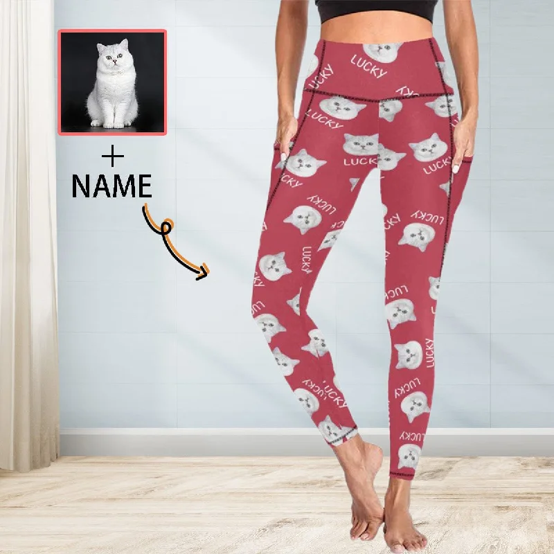 Women's Casual Outfit Custom Face&Name Red Leggings With Pockets