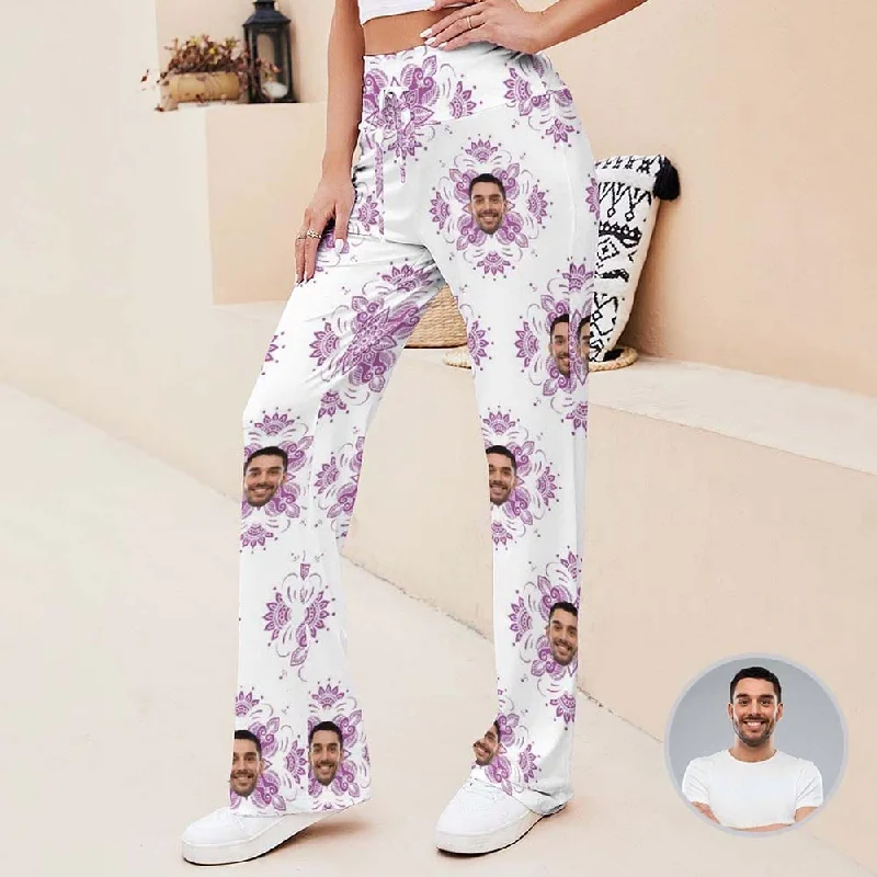 Exclusive Sale Custom Face Purple Flower Women's Straight-Leg Loose Comfy Drawstring Pants for Yoga Running Sporting