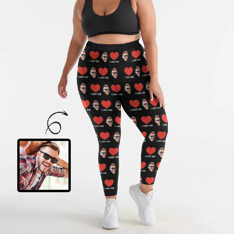 Women's Athleisure Apparel #Plus Size Custom Face Red Heart I Love You Women's Plus Size Stretch Leggings