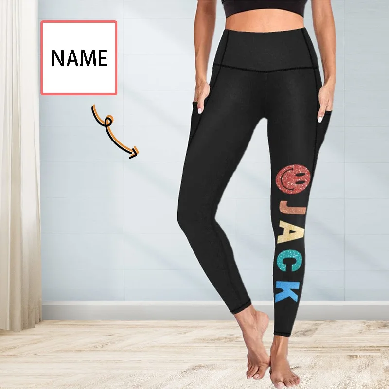 Women's Cozy Outfit For Lounging Custom Name Smiley Leggings With Pockets