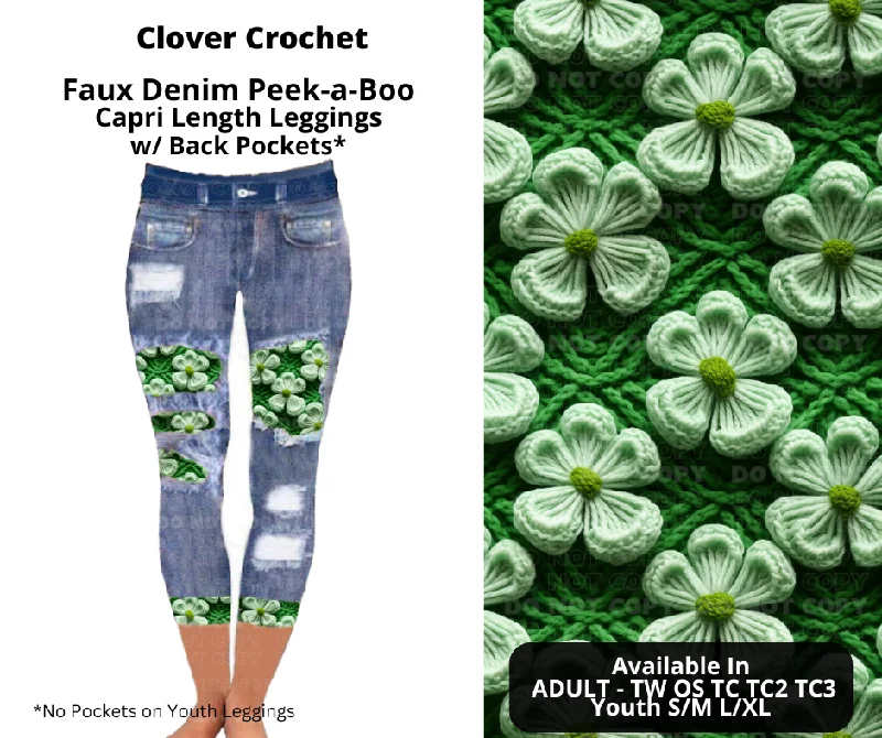 Women's Comfy Attire For Lounging Preorder! Closes 12/9. ETA Feb. Clover Crochet Faux Denim Peekaboo Capris