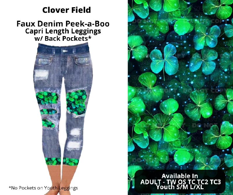 Stylish Women's Garments Preorder! Closes 12/9. ETA Feb. Clover Field Faux Denim Peekaboo Capris