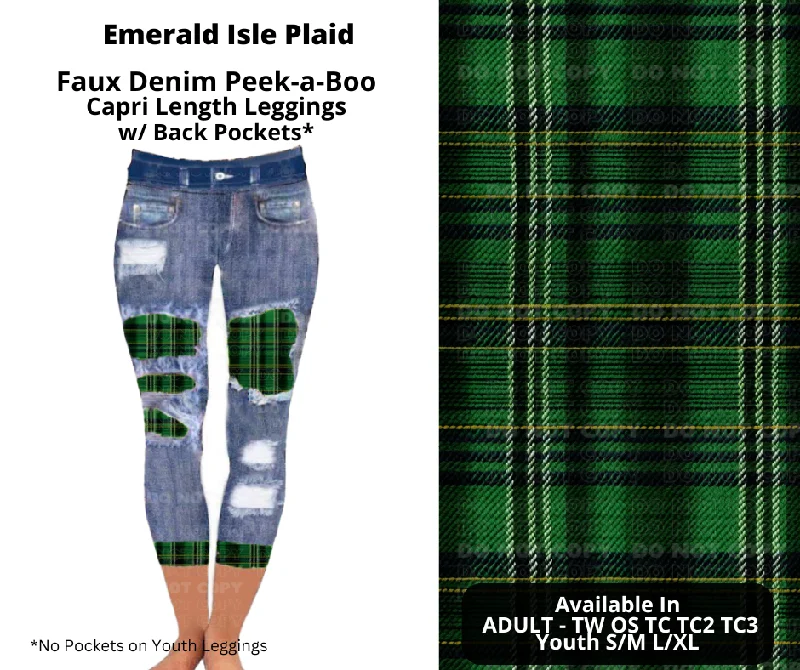 Women's Garments Preorder! Closes 12/9. ETA Feb. Emerald Isle Plaid Faux Denim Peekaboo Capris