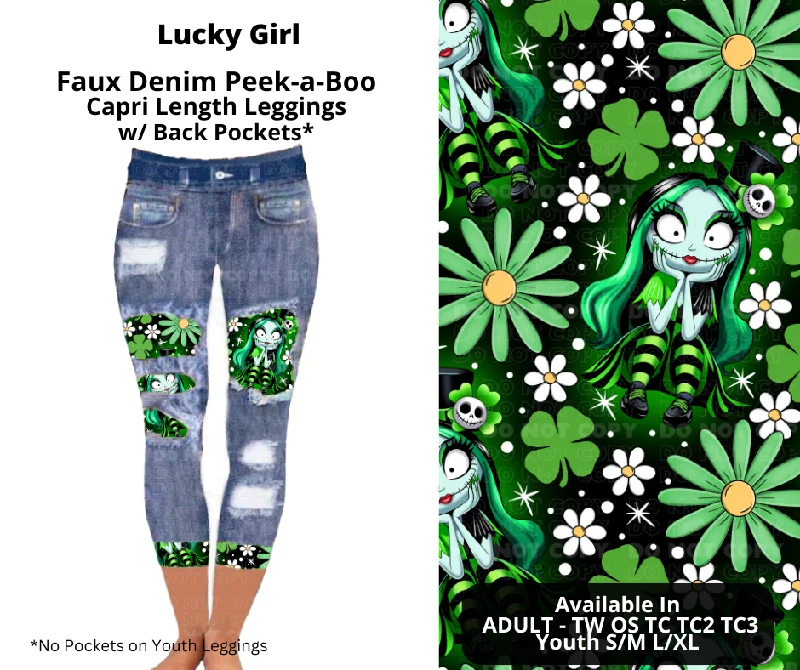 Women's Professional Garments Preorder! Closes 12/9. ETA Feb. Lucky Girl Faux Denim Peekaboo Capris