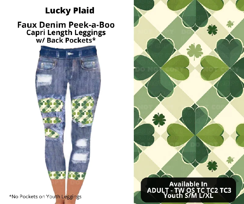 Women's Evening Garments Preorder! Closes 12/9. ETA Feb. Lucky Plaid Faux Denim Peekaboo Capris