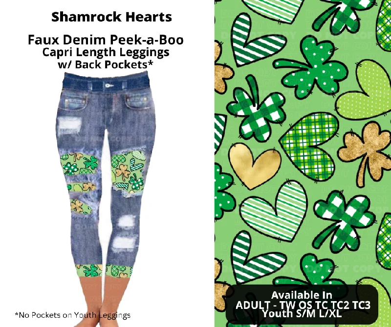 Women's Travel Outfit Set Preorder! Closes 12/9. ETA Feb. Shamrock Hearts Faux Denim Peekaboo Capris